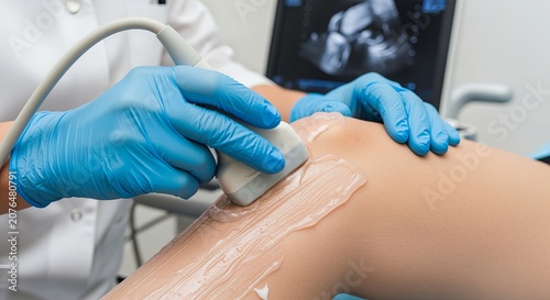 Close up of a doctor performing a vibrant ultrasound examination on a patient s knee joint