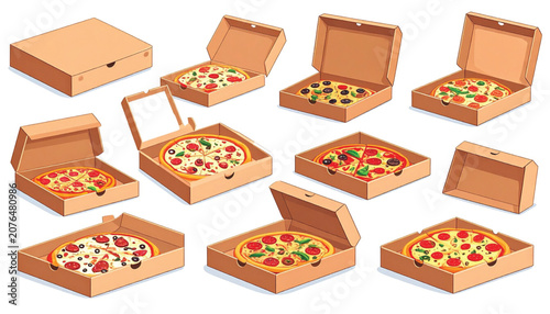 Variety of pizzas in boxes.