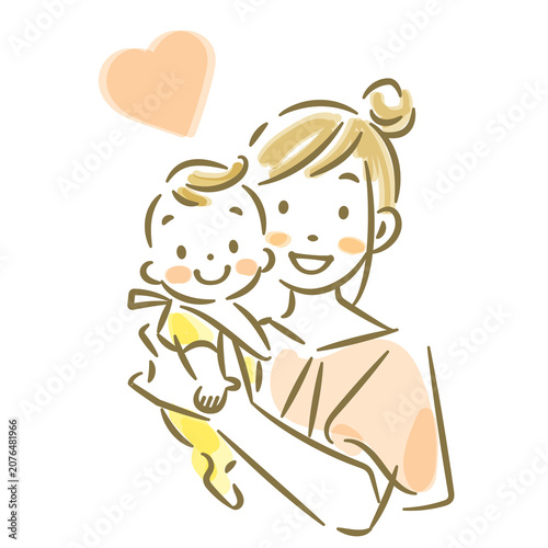 A mother holding her baby with a gentle smile—a watercolor-style line art illustration with a soft touch.