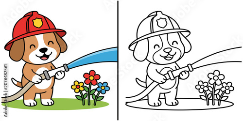 Fire dog watering flowers coloring book page