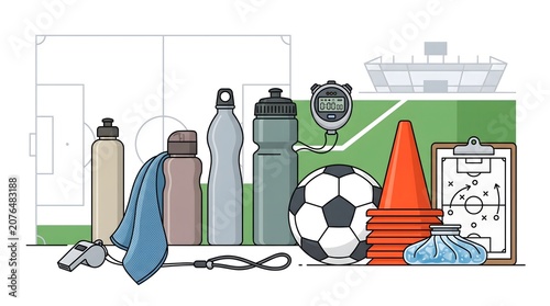Soccer training gear water bottles and clipboard on field near stadium background.