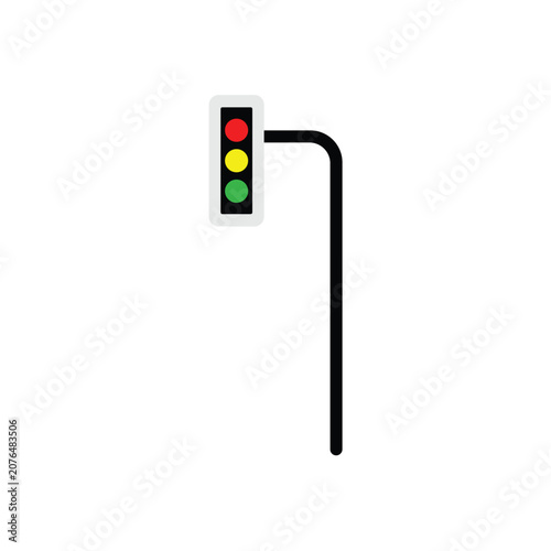 Minimalist flat vector icon of a vertical traffic light featuring red, yellow, and green circular signals on a curved black pole, isolated on white.