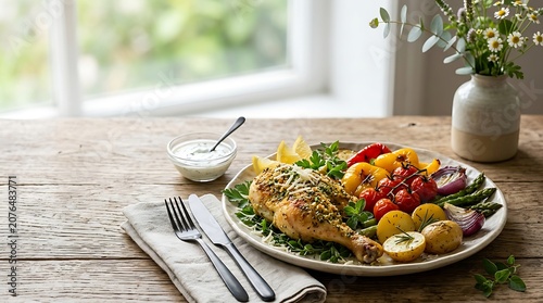 A delicious romano chicken recipe served on a ceramic plate with roasted vegetables and fresh herbs on a rustic wooden table for a healthy dinner meal