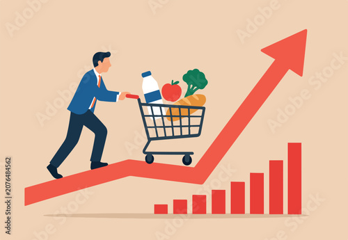Schilderij op canvas Inflation causing grocery price rising up, more expense, cost and spending, econ
