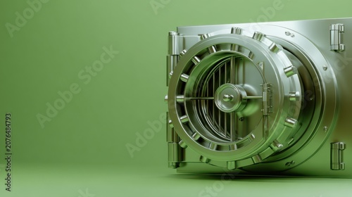 A detailed close-up of a bank vault door, with its intricate circular mechanism and polished metal surface, standing open against a subtle green background