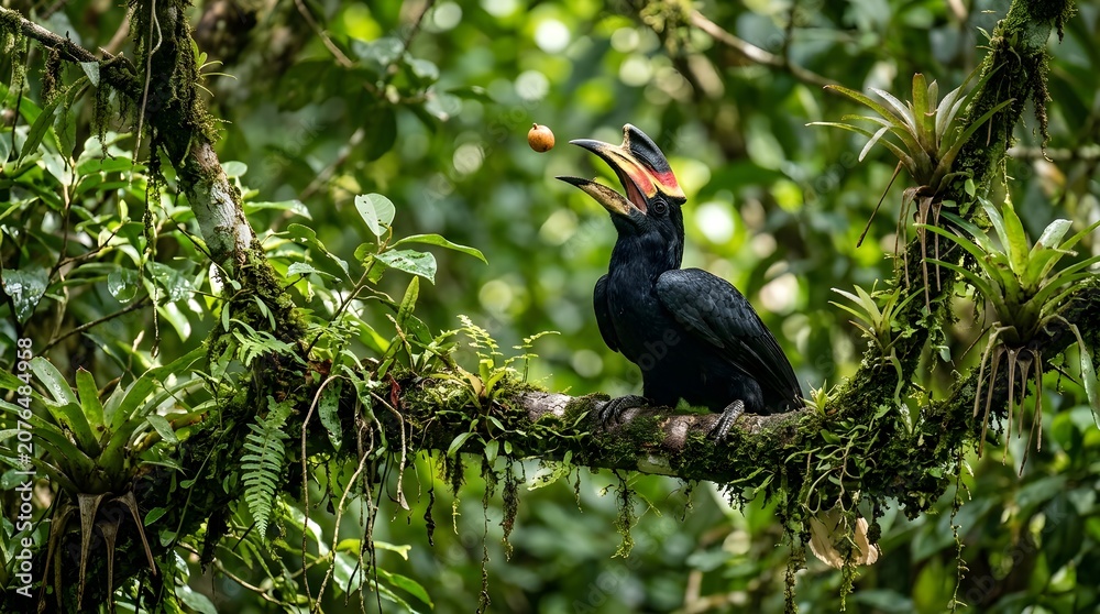 Fototapeta premium Black Hornbill bird catching a fruit in the air perched on a mossy branch in tropical rainforest
