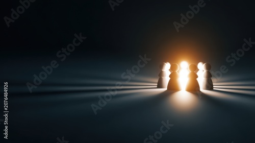 Three chess pawn pieces illuminated by a bright golden light, standing in a dark, atmospheric setting. The scene creates a sense of strategy and impending action