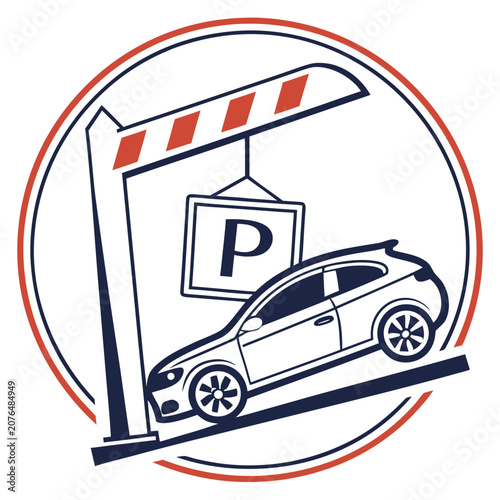 Automated parking gate barrier icon with hanging letter p sign showing access control system at entrance of ramp path for vehicles entering private or public car storage area in flat line art style.