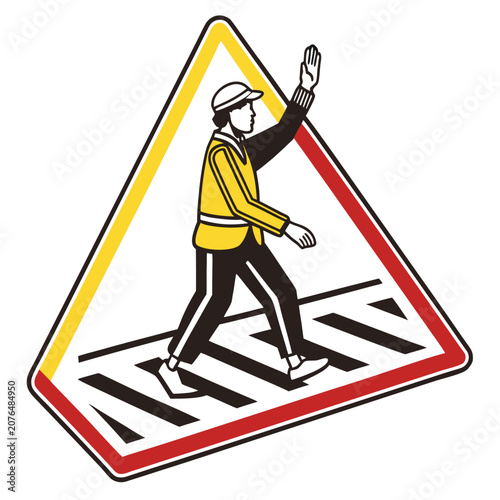 Road safety warning sign depicting person walking on crosswalk with raised hand stop signal for traffic control in urban areas or school zones to ensure safety of people crossing busy city streets.