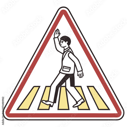Traffic warning sign showing person walking on crosswalk with raised hand signal for indicating stop to oncoming vehicles and ensuring safety of pedestrians crossing city street road way illustration.
