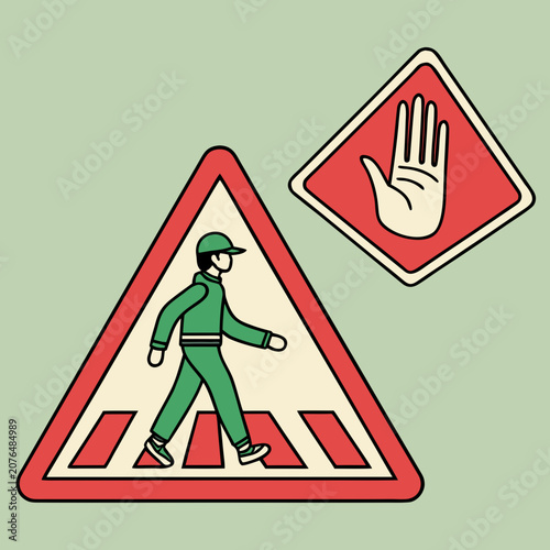 Hand stop sign and pedestrian crossing symbol featuring worker walking over crosswalk in green and red colors for industrial safety and road traffic regulation illustration for workplace safety needs.