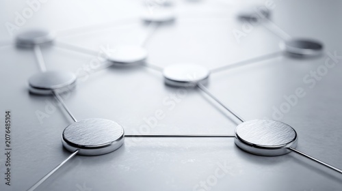 A close-up, shallow depth of field shot of a metallic network of interconnected nodes, symbolizing connection and data flow