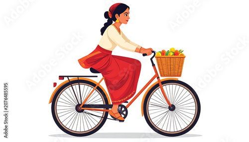 Woman Riding Bicycle with Fruit Basket.