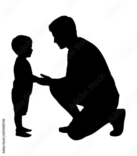 Silhouette vector of a caring father crouching down to talk with his young toddler son