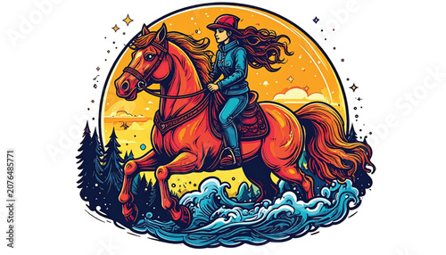 Woman Riding Horse Through Water.