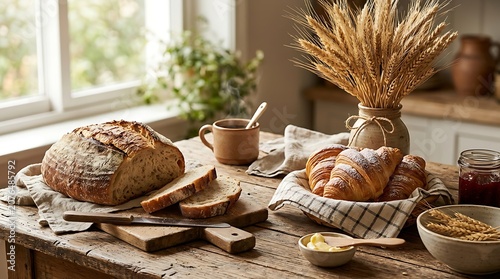 Variety of freshly baked bread and pastries on a wooden kitchen table indoors