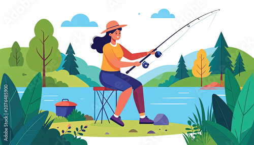Woman sitting and fishing outdoors.