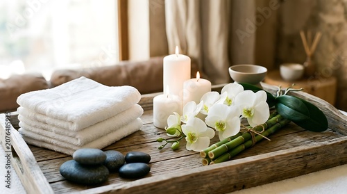 Spa and wellness setup with towels candles flowers and stones on wooden tray indoors
