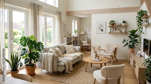Modern living room interior with plants and furniture in neutral tones and natural light