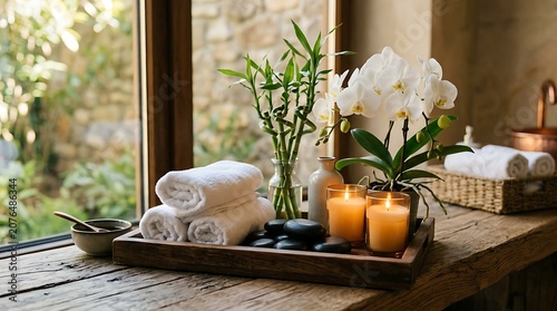 Spa table with towels candles flowers and stones on wooden tray near window