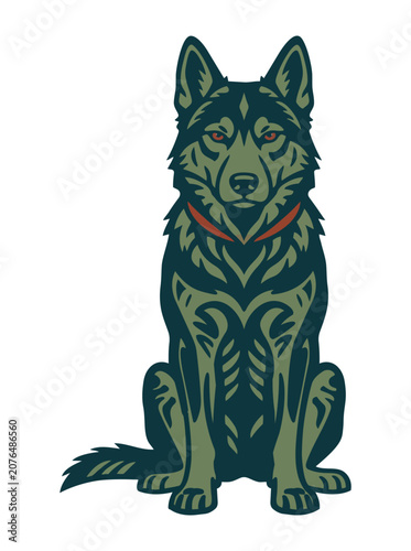 Fierce Wolf Mascot Logo Vector with Tribal Wildlife Design and Sitting Canine Illustration