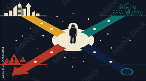 Surreal Cosmic Strategic Crossroads with Multiple Business Paths Leading to Different Future Outcomes — Flat Vector for Business, Strategy, and Leadership