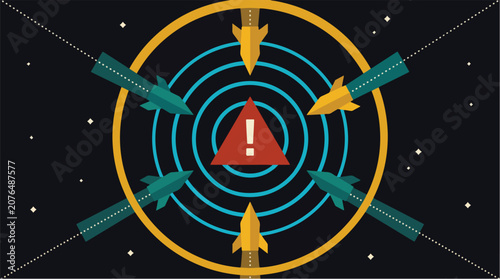 Surreal Crisis Response Constellation with Business Teams Converging on a Distress Signal in Space — Flat Vector for Risk Management, Business, and Strategy