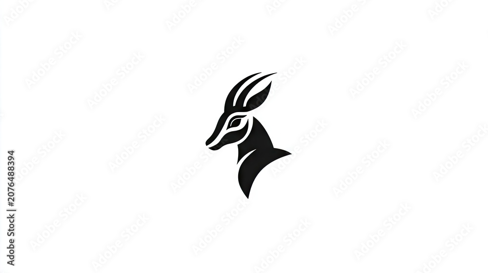Fototapeta premium Stylized black profile silhouette of a horned animal head appears on a white background