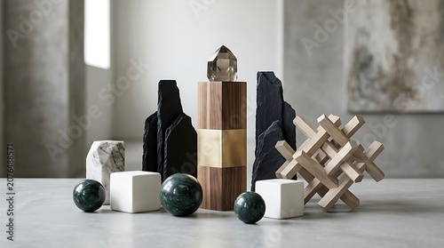 Arrangement of modern geometric sculptures and natural stone decor