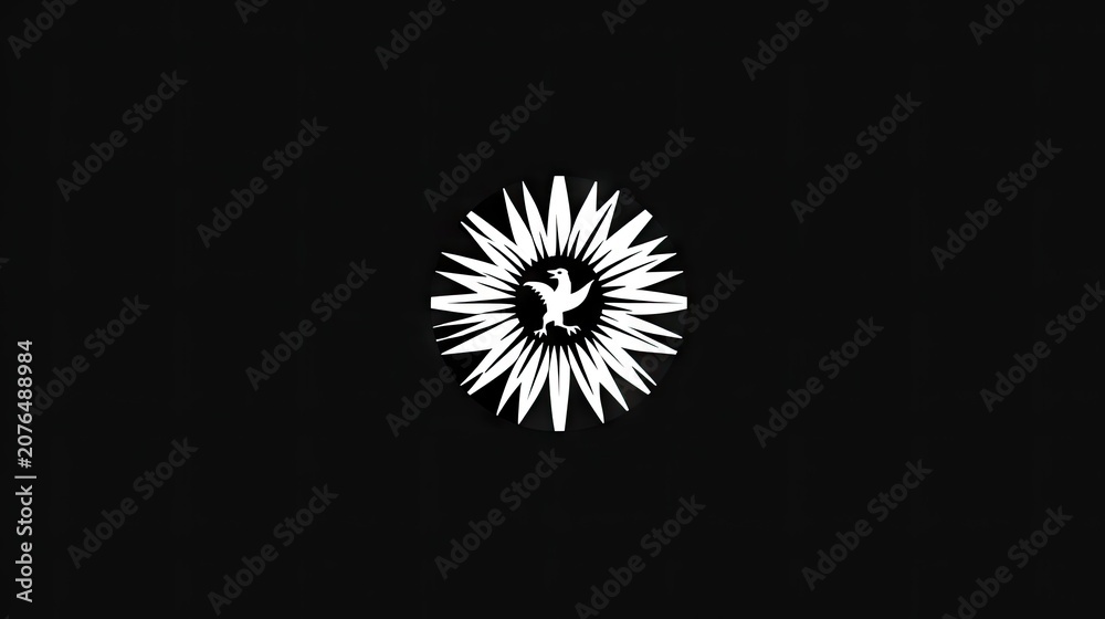 Fototapeta premium Graphic symbol featuring a stylized bird enclosed within a radiating, spiky circular design against a dark background.
