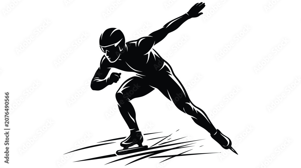 Fototapeta premium Dynamic black and white vector illustration of a professional speed skater racing across the ice rink