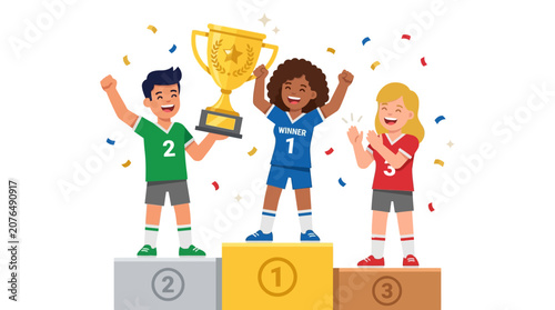 Diverse children celebrating winning gold trophy on podium with confetti