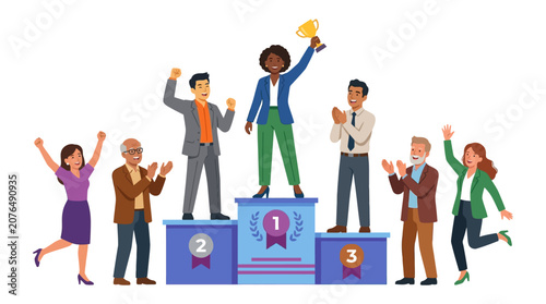 Diverse Group Celebrates Champion on Podium, Victory Award Trophy