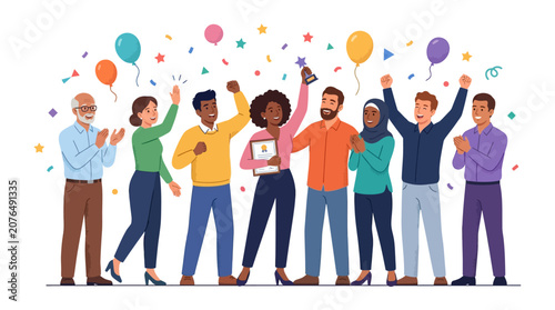 Diverse group celebrating success and achievement with trophy and confetti