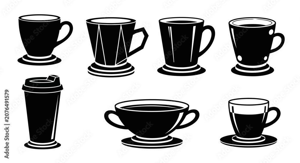 Obraz premium Set of eight black and white vector coffee mugs and cups with different shapes and designs suitable for various hot beverages