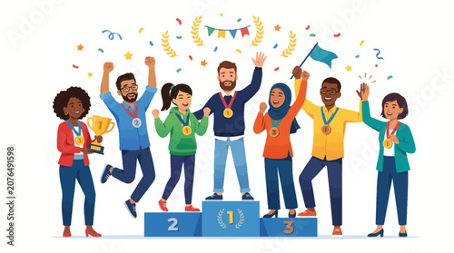 Diverse group celebrating victory on podium with confetti and awards
