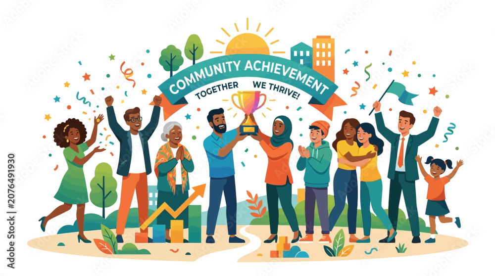 Fototapeta premium Diverse people celebrate community achievement, winning trophy, teamwork, success, and thriving city