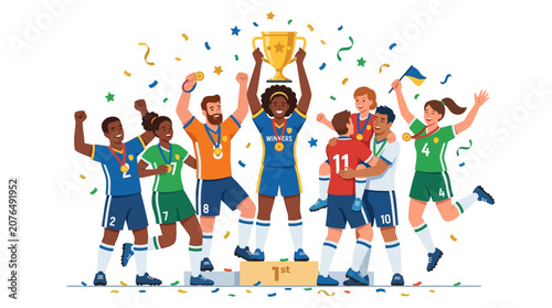 Diverse Soccer Team Celebrates Victory with Trophy and Confetti on Podium