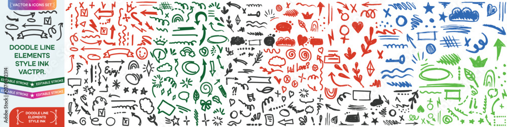 Fototapeta premium Hand drawn doodle elements including arrow, heart, star, swirl, highlight, and sketch underline. decorative design set for info graphics, social media, note taking, and creative projects Set.