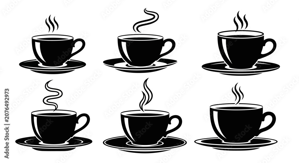 Fototapeta premium Six elegant coffee cup silhouettes on saucers with rising steam trails in various artistic shapes for cafe menus and professional beverage branding art