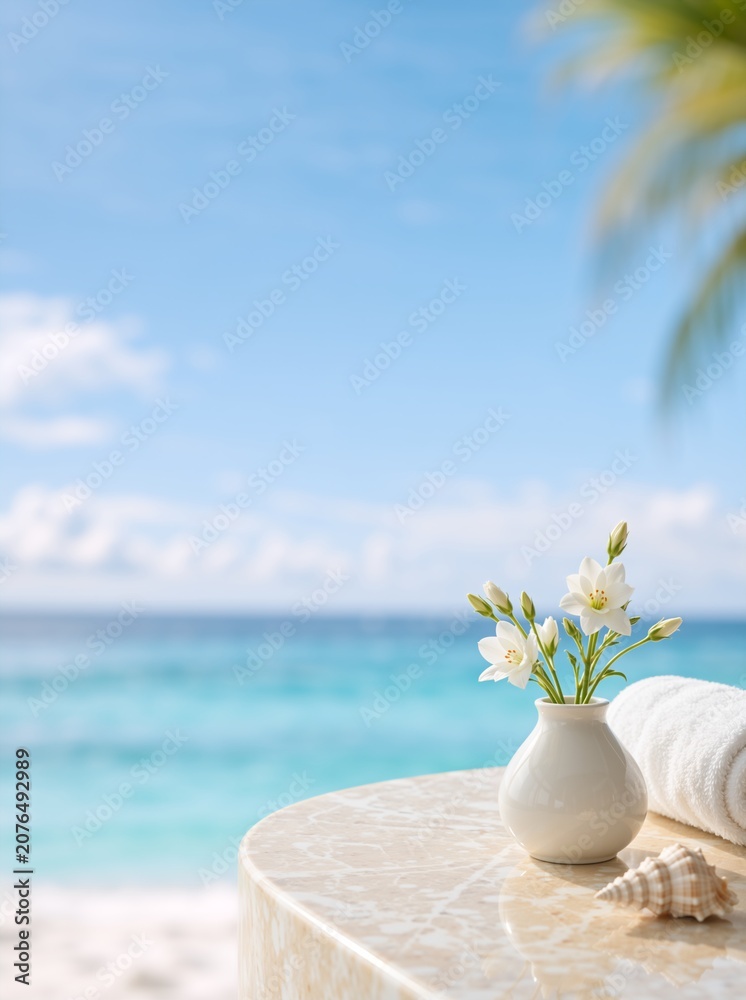 Fototapeta premium White flowers in a vase and a rolled towel on a marble table by the sea. Luxury spa and wellness concept at a tropical beach resort. Summer vacation background