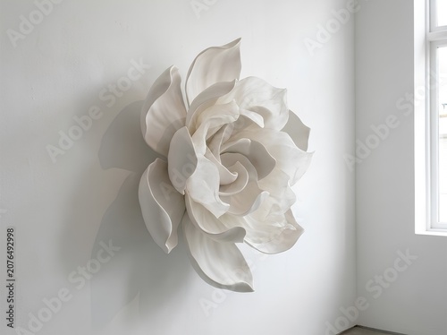 Large White Porcelain Rose Wall Sculpture, Contemporary 3D Ceramic Floral Installation Luxury Gallery Interior Design Art