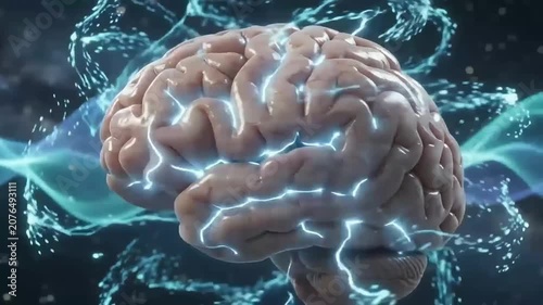 High-quality 4K animation of a glowing human brain surrounded by radiant light and flowing neural energy waves against a cosmic space background. Ideal for illustrating artificial intelligence, neuros
