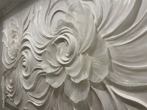 Modern 3D Plaster Floral Wall Sculpture Panel, Elegant White Rose Bas-Relief Luxury Interior Decorative Mural Art Background