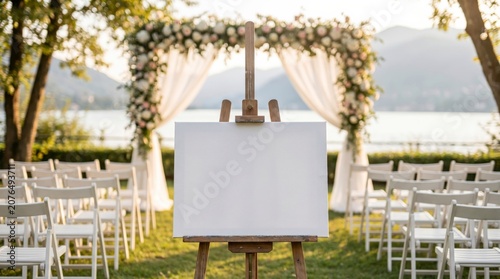 Blank Wedding Welcome Sign on Easel at Outdoor Ceremony Venue garden party decor