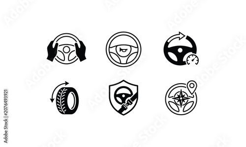 Bilde på lerret Steering wheel vehicle control and navigation driving icons.