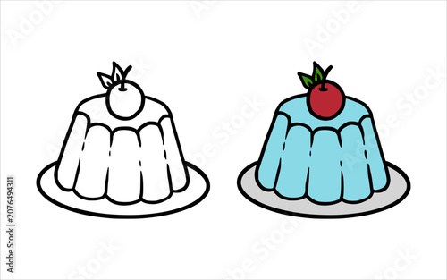Cartoon sweet gelatin dessert with cherry topping on plate in line art and color isolated on white