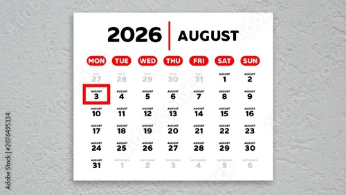 Red cursor highlighting August 3rd on a 2026 wall calendar page