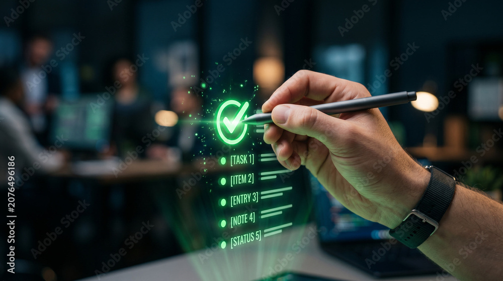 Fototapeta premium Hand interacting with digital holographic checklist using a stylus.