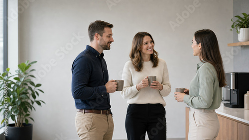 Teammates Welcoming New Hire at Office Coffee Area